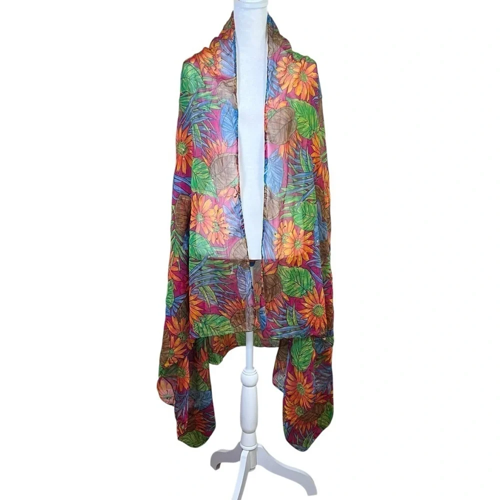 VTG Floral Print Large Rectangle Wrap Scarf 72x42 Semi Sheer Boho Shawl Colorful